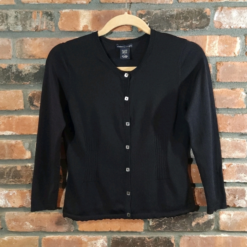 Vintage Anthropologie 3/4 Sleeve Crewneck Cardigan in Black Y2K Preppy Women's S